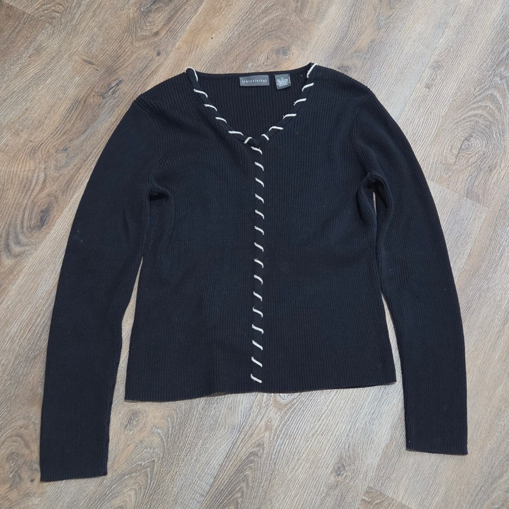 Relativity Black Ribbed Cotton V-Neck Sweater Whipstitch Detail Womens M